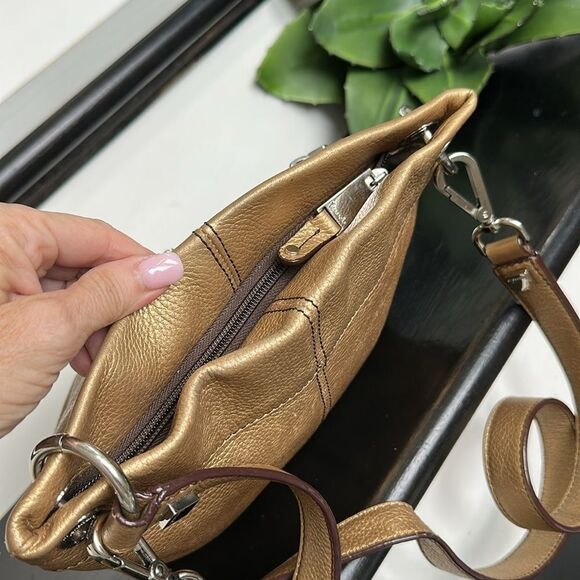 Tignanello Metallic Gold Leather Crossbody Purse | Soft Pebbled Shoulder Bag - Picture 10 of 13